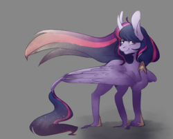 Size: 939x757 | Tagged: safe, artist:smolgrumpyscotswoman, twilight sparkle, alicorn, classical unicorn, pony, g4, big ears, cloven hooves, curved horn, ethereal mane, female, gray background, horn, leonine tail, long mane, looking at you, mare, raised hoof, simple background, smiling, solo, twilight sparkle (alicorn), unshorn fetlocks