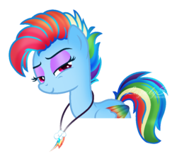 Size: 872x806 | Tagged: safe, artist:lazulys2, rainbow dash, pony, g4, alternate hairstyle, base used, colored wings, female, jewelry, lidded eyes, multicolored wings, necklace, rock, simple background, solo, transparent background