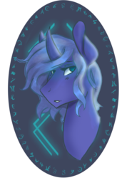 Size: 812x1189 | Tagged: safe, artist:smolgrumpyscotswoman, part of a set, princess luna, pony, g4, bust, curved horn, female, horn, mare, runes, s1 luna, sidemouth, simple background, solo, white background