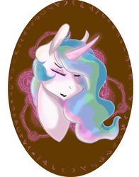 Size: 945x1206 | Tagged: dead source, safe, artist:smolgrumpyscotswoman, part of a set, princess celestia, pony, g4, bust, curved horn, ethereal mane, eyes closed, female, glowing horn, horn, magic, mare, runes, sidemouth, simple background, solo, white background