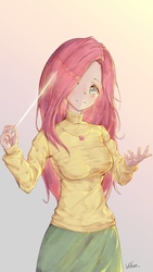 Size: 2160x3840 | Tagged: safe, artist:vchan, fluttershy, human, g4, clothes, female, high res, humanized, jewelry, looking at you, necklace, pixiv, simple background, skirt, solo, sweater, sweatershy, wand