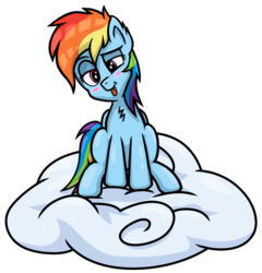 Size: 780x814 | Tagged: safe, artist:wellfugzee, rainbow dash, pegasus, pony, g4, blushing, chest fluff, cloud, ear fluff, female, hooves, mare, on a cloud, simple background, sitting, sitting on a cloud, solo, tongue out, transparent background, wings