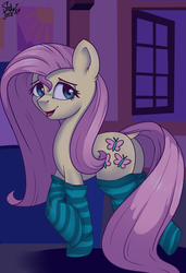 Size: 1535x2244 | Tagged: safe, artist:php97, fluttershy, pegasus, pony, g4, clothes, dock, female, fluttershy's cottage (interior), looking at you, night, signature, smiling, smiling at you, socks, solo, striped socks, window