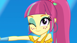 Size: 1912x1072 | Tagged: safe, screencap, sour sweet, dance magic, equestria girls, equestria girls specials, g4, close-up, cute, dance magic (song), ear piercing, earring, female, freckles, hooped earrings, jewelry, one eye closed, piercing, smiling, solo, sourbetes, wink