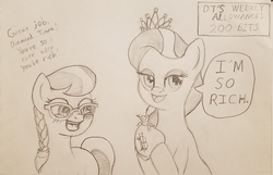 Size: 1964x1266 | Tagged: safe, diamond tiara, silver spoon, earth pony, pony, g4, bits, blushing, braid, description is relevant, dialogue, drawthread, female, filly, glasses, heart, heart eyes, hoof hold, miss kobayashi's dragon maid, ponified, request, speech bubble, traditional art, wingding eyes