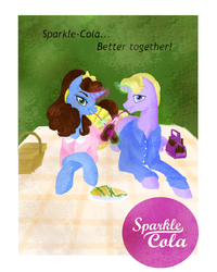 Size: 2000x2500 | Tagged: safe, artist:sourcherry, oc, unnamed oc, fallout equestria, advertisement, basket, bow, colored, cucumber sandwiches, curly mane, drinking, drinking straw, female, high res, male, mare, picnic, picnic basket, picnic blanket, sparkle cola, stallion, wasteland ventures