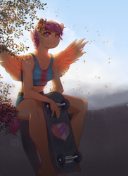 Size: 2620x3593 | Tagged: safe, artist:dagmell, scootaloo, anthro, g4, bush, clothes, female, foliage, high res, leaves, midriff, plant, shorts, sitting, skateboard, skaterloo, solo, spread wings, tank top, tree, wings