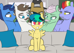 Size: 1835x1319 | Tagged: safe, artist:shinodage, edit, bow hothoof, gentle breeze, hondo flanks, igneous rock pie, night light, oc, oc:apogee, earth pony, pegasus, pony, unicorn, g4, bedroom eyes, couch, cute, dilf, empty eyes, eyebrows, eyes on the prize, facial hair, female, filly, freckles, grin, hat, lidded eyes, looking at you, male, meme, moustache, ocbetes, pillow, piper perri surrounded, smiling, spread wings, squee, stallion, this will end in jail time, wings