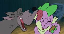 Size: 2616x1417 | Tagged: safe, artist:creativecrystal, spike, dog, dragon, great dane, g4, crossover, cute, disney, disney style, einstein, licking, oliver and company, spikabetes, tongue out