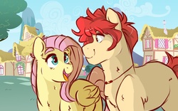 Size: 900x563 | Tagged: safe, artist:canisrettmajoris, fluttershy, oc, oc:buck, earth pony, pegasus, pony, g4, digital art, duo, female, looking at each other, male, mare, mother and son, next generation, offspring, open mouth, parent:braeburn, parent:fluttershy, parents:braeshy, stallion, story included