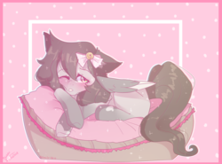 Size: 2102x1556 | Tagged: safe, artist:erinartista, oc, oc only, oc:kitty, pegasus, pony, female, mare, one eye closed, pillow, prone, solo