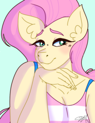 Size: 690x890 | Tagged: safe, artist:lxxjunebugxxl, fluttershy, anthro, g4, blue background, clothes, female, shirt, simple background, solo