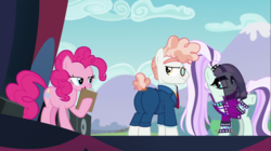 Size: 1366x767 | Tagged: safe, screencap, coloratura, pinkie pie, svengallop, earth pony, pony, g4, the mane attraction, annoyed, bedroom eyes, butt, clipboard, clothes, countess coloratura, female, male, mare, out of context, plot, stallion