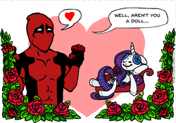 Size: 601x422 | Tagged: safe, artist:gingerfoxy, rarity, human, pony, unicorn, pony couple generator, g4, captain obvious, crossover, crossover shipping, deadpool, fainting couch, female, flower, heart, leaf, male, mare, obvious, plushie, rose, shipping, straight