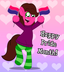 Size: 4500x5100 | Tagged: safe, artist:aarondrawsarts, oc, oc only, oc:rose bloom, pony, absurd resolution, bipedal, bisexual pride flag, bisexuality, clothes, pride, pride month, socks, solo, striped socks, sweater, turtleneck