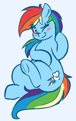 Size: 459x733 | Tagged: safe, artist:graphene, rainbow dash, pegasus, pony, g4, blue background, blushing, cute, dashabetes, female, looking at you, mare, one eye closed, plump, simple background, solo