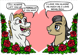 Size: 600x425 | Tagged: safe, artist:gingerfoxy, bulk biceps, filthy rich, earth pony, pegasus, pony, pony couple generator, g4, crack shipping, filthybulk, flower, gay, heart, leaf, lovey dovey, male, rose, shipping
