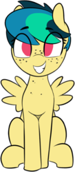 Size: 429x983 | Tagged: safe, artist:shinodage, edit, editor:squeaky-belle, oc, oc only, oc:apogee, pegasus, pony, adorable face, background removed, cute, feathered wings, female, filly, freckles, grin, looking at you, mare, ocbetes, simple background, smiling, solo, spread wings, squee, transparent background, wings, yellow
