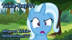 Size: 1024x576 | Tagged: safe, edit, trixie, pony, unicorn, g4, best pony, confused, female, forest, image macro, meme, pine forest, question, solo, talking to viewer, text, tree