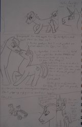 Size: 900x1395 | Tagged: safe, artist:redgreenblue6, flam, flim, pony, unicorn, g4, angry, brothers, comic, crowd, flim and flam comic, flim flam brothers, macro, male, micro, shrinking, tiny ponies, traditional art