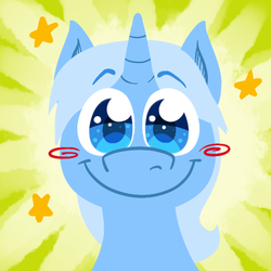 Size: 550x550 | Tagged: safe, artist:alittleofsomething, oc, oc:tom ink, pony, unicorn, abstract background, big smile, blushing, bust, cute, lineless, looking at you, male, not trixie, smiling, solo, stars, sunburst background