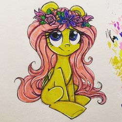 Size: 960x960 | Tagged: safe, artist:grelkachesh, fluttershy, pegasus, pony, g4, female, floral head wreath, flower, folded wings, looking up, mare, missing cutie mark, sitting, smiling, solo, traditional art