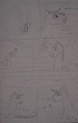 Size: 900x1421 | Tagged: safe, artist:redgreenblue6, flam, flim, leviathan, pony, unicorn, g4, apple, brothers, eating, flim and flam comic, flim flam brothers, food, macro, male, micro, tiny, tiny ponies, traditional art