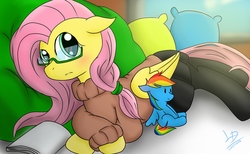 Size: 1558x960 | Tagged: dead source, safe, artist:lazyin26, fluttershy, rainbow dash, pegasus, pony, g4, book, clothes, cute, female, folded wings, glasses, looking at you, mare, moe, pantyhose, pillow, plushie, pony plushie, prone, reading, reading glasses, skirt, solo, stockings, sweater, sweatershy, thigh highs