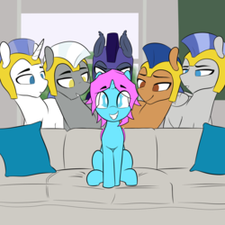 Size: 4000x4000 | Tagged: safe, artist:shinodage, edit, edited edit, editor:wumbl3, oc, oc:chroma wave, alicorn, bat pony, bat pony alicorn, earth pony, pegasus, pony, unicorn, armor, bedroom eyes, couch, eyes on the prize, femboy, grin, helmet, lidded eyes, male, meme, night guard, pillow, piper perri surrounded, royal guard, sitting, smiling, squee, stallion, window