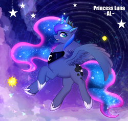 Size: 1459x1377 | Tagged: safe, artist:hosikawa, princess luna, alicorn, pony, g4, crown, ethereal mane, female, jewelry, magic, mare, regalia, solo, starry eyes, starry mane, starry tail, tail, wingding eyes