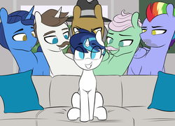 Size: 1835x1319 | Tagged: safe, artist:shinodage, edit, edited edit, bow hothoof, gentle breeze, hondo flanks, igneous rock pie, night light, shining armor, earth pony, pegasus, pony, unicorn, g4, bedroom eyes, couch, dilf, eyes on the prize, hat, implied gay, implied incest, male, pillow, piper perri surrounded, smiling