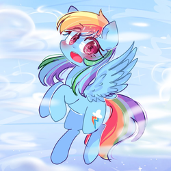 Size: 1000x1000 | Tagged: safe, artist:windymils, rainbow dash, pegasus, pony, g4, blushing, female, mare, open mouth, solo, spread wings, wings