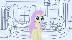 Size: 1672x943 | Tagged: safe, artist:tiarawhy, fluttershy, pegasus, pony, g4, downloadable, explicit source, female, fluttershy's cottage, mare, open mouth, pony waifu sim, sketch, smiling, solo, style emulation, wip