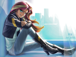 Size: 1280x960 | Tagged: safe, artist:murskme, edit, editor:mjolnir312, sunset shimmer, human, equestria girls, g4, angled leg, beautiful, boots, clothes, female, grin, high heel boots, high heels, human coloration, humanized, jacket, leaning, leaning on something, leather jacket, looking at you, photoshop, shoes, side view, sitting, smiling, smirk, solo, window