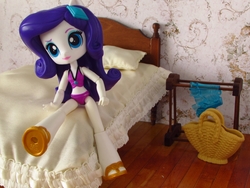 Size: 1600x1200 | Tagged: safe, artist:whatthehell!?, rarity, equestria girls, g4, beach, bed, bedroom, clothes, doll, equestria girls minis, handbag, irl, photo, sandals, sarong, swimsuit, toy