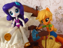 Size: 1600x1200 | Tagged: safe, artist:whatthehell!?, applejack, rarity, equestria girls, g4, beach, bed, bedroom, boots, clothes, doll, equestria girls minis, handbag, irl, photo, sandals, sarong, shoes, skirt, swimsuit, toy