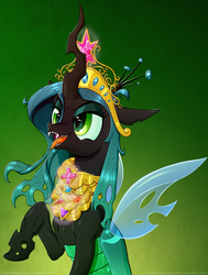 Size: 1000x1323 | Tagged: safe, artist:deusexequus, queen chrysalis, changeling, changeling queen, g4, big crown thingy, crown, elements of harmony, female, happy, jewelry, regalia, solo, tongue out, xk-class end-of-the-world scenario