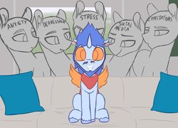 Size: 800x575 | Tagged: safe, artist:shinodage, artist:thatonegib, edit, oc, oc:gib riel-delano, changedling, changeling, :o, anxiety, bandana, bedroom eyes, changedling oc, changeling oc, couch, depression, eyes on the prize, grin, looking at you, meme, metaphor, neckerchief, open mouth, pillow, piper perri surrounded, sitting, smiling, smirk, social media, squee, stress