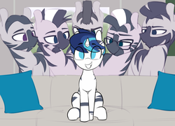 Size: 1835x1319 | Tagged: safe, artist:shinodage, edit, edited edit, shining armor, pony, unicorn, zebra, g4, bedroom eyes, bodypaint, couch, edit of an edit of an edit, eyes on the prize, implied gay, male, meme, night guard, pillow, piper perri surrounded, royal guard, sitting, smiling, striped, zebra supremacy, zebradom