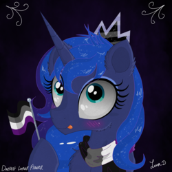 Size: 3500x3500 | Tagged: safe, artist:darkest-lunar-flower, princess luna, alicorn, pony, g4, :p, alternate universe, asexual, asexual pride flag, blushing, bust, cheek fluff, chest fluff, clothes, crown, cute, ear fluff, female, flag, fluffy, gradient background, high res, hoof hold, jewelry, lunabetes, mare, messy mane, missing accessory, portrait, pride, pride flag, pride month, regalia, scarf, silly, sitting, smiling, sparkles, tiara, tongue out, tumblr, wide eyes