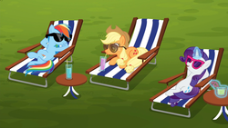Size: 1920x1080 | Tagged: safe, screencap, applejack, rainbow dash, rarity, earth pony, pegasus, pony, unicorn, g4, the cart before the ponies, applejack's hat, beach chair, chair, chillaxing, cowboy hat, crossed hooves, crossed legs, cute, cutie mark, discovery family logo, drink, female, glowing horn, hat, horn, magic, magic aura, mare, on back, on side, ponytail, prone, relaxing, sipping, smiling, stetson, sunglasses, telekinesis, trio