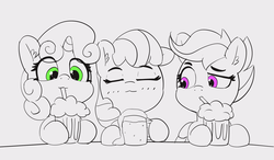 Size: 3480x2034 | Tagged: safe, artist:pabbley, apple bloom, scootaloo, sweetie belle, earth pony, pegasus, pony, unicorn, g4, 30 minute art challenge, :3, alcohol, beer, blushing, cute, cutie mark crusaders, eyes closed, high res, milkshake, monochrome, partial color, smiling, underaged drinking