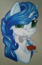 Size: 1168x1821 | Tagged: safe, artist:gleamydreams, derpibooru exclusive, oc, oc only, oc:gleamy, betta, fish, pony, unicorn, bag, blushing, green eyes, grin, looking at you, prismacolors, smiling, solo, traditional art