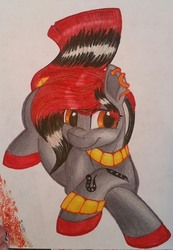 Size: 686x990 | Tagged: safe, artist:gleamydreams, oc, oc only, oc:serpentine, earth pony, pony, snake, ear piercing, earring, jewelry, looking at you, lying down, piercing, red hair, smiling, solo, traditional art