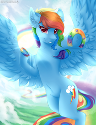 Size: 2550x3300 | Tagged: safe, artist:serenity, rainbow dash, pegasus, pony, g4, action pose, belly button, ear fluff, female, flying, high res, hock fluff, hoof fluff, horseshoes, looking at you, mare, nailed-on horseshoes, rainbow, rainbow horseshoes, smiling, smirk, solo, sonic rainboom, speedpaint available, spread wings, wings