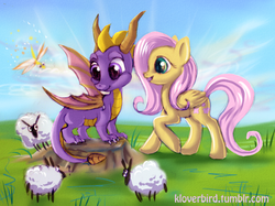Size: 900x672 | Tagged: safe, artist:ketty, fluttershy, dragonfly, pegasus, pony, sheep, g4, crossover, grass, spyro the dragon, spyro the dragon (series), this will end in fire, this will end in tears