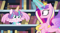 Size: 1280x720 | Tagged: safe, screencap, princess cadance, princess flurry heart, alicorn, pony, g4, the crystalling, baby, baby alicorn, baby flurry heart, baby pony, book, bookshelf, cloth diaper, cute, diaper, diapered, diapered filly, female, filly, infant, infant flurry heart, library, light pink diaper, magic, mare, mother and daughter, newborn, newborn baby flurry heart, newborn flurry heart, newborn infant flurry heart, safety pin, tongue out, wings