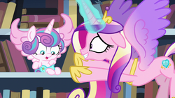 Size: 1280x720 | Tagged: safe, screencap, princess cadance, princess flurry heart, alicorn, pony, g4, the crystalling, baby, baby alicorn, baby flurry heart, baby pony, book, bookshelf, cloth diaper, cute, determined, diaper, diapered, diapered filly, female, library, light pink diaper, looking down, mare, mother and daughter, nervous, nervous smile, newborn, reaching, safety pin, smiling, wings