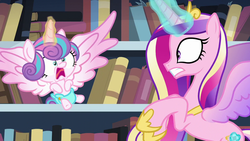 Size: 1280x720 | Tagged: safe, screencap, princess cadance, princess flurry heart, alicorn, pony, g4, the crystalling, baby, baby alicorn, baby flurry heart, baby pony, book, bookshelf, cloth diaper, cute, diaper, diapered, diapered filly, female, gritted teeth, infant, infant flurry heart, library, light pink diaper, magic, mare, mother and daughter, nervous, newborn, newborn baby flurry heart, newborn flurry heart, newborn infant flurry heart, pre sneeze, reeee, safety pin, spread wings, wide eyes, wings, yikes