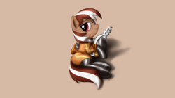 Size: 3840x2160 | Tagged: safe, artist:brisineo, oc, oc only, oc:roulette, earth pony, pony, fallout equestria, fallout equestria: red 36, astronaut, backpack, boots, chrome, clothes, energy weapon, female, gun, high res, laser, looking at you, pinup, retro, rubber, shoes, simple background, smiling, solo, spacesuit, weapon